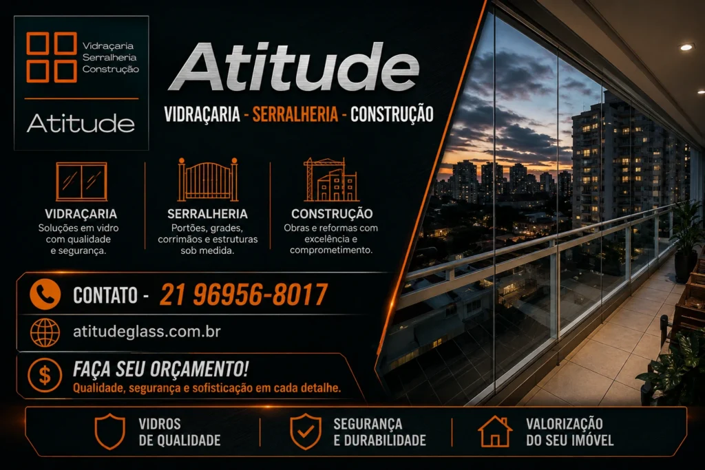 Banner da Atitude Vidraçaria, Serralheria e Construção mostrando fechamento de varanda em vidro temperado e serviços de portões, grades e reformas no Rio de Janeiro.