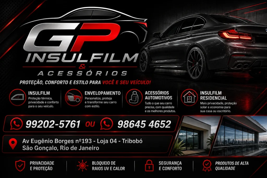 Banner promocional da GP Insulfilm e Acessórios em Tribobó, São Gonçalo, destacando serviços de aplicação de insulfilm automotivo e residencial, envelopamento e acessórios.