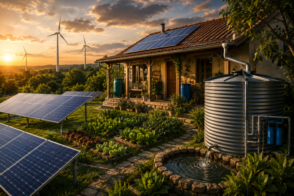 Sistema de energia solar em residência com captação de água da chuva para autossuficiência e vida independente