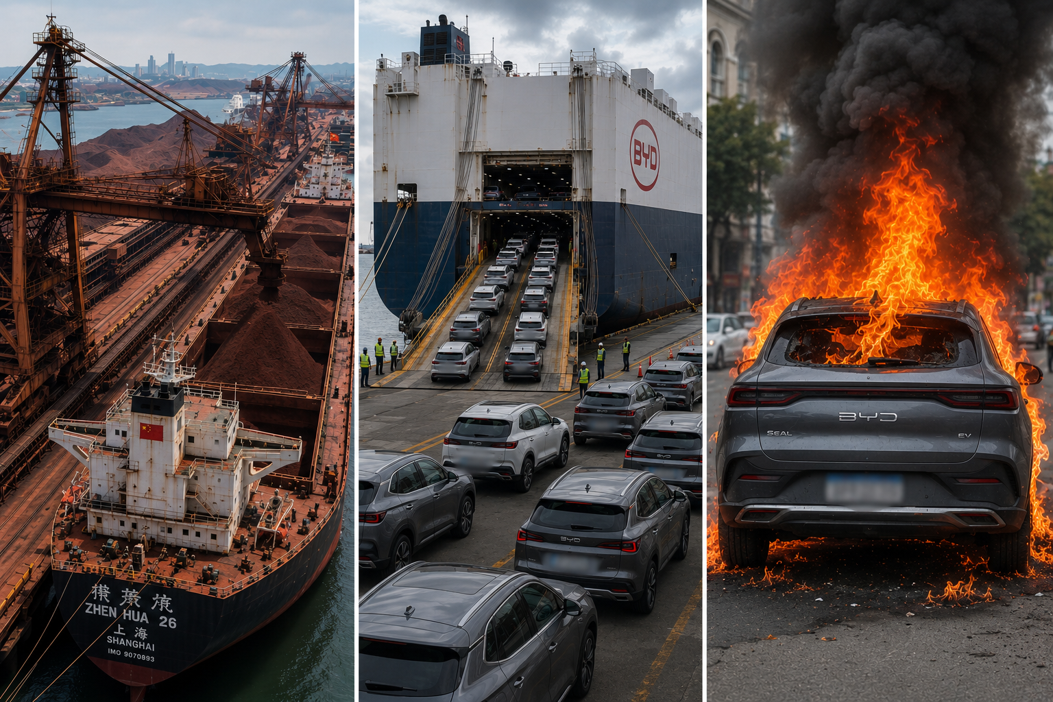 Minério de ferro bruto ao lado de carro elétrico chinês pronto, ilustrando exportação de matéria-prima e importação de produto manufaturado
