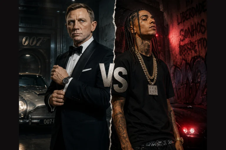 Comparação entre estilo clássico de smoking e estilo urbano moderno com correntes e tatuagens
