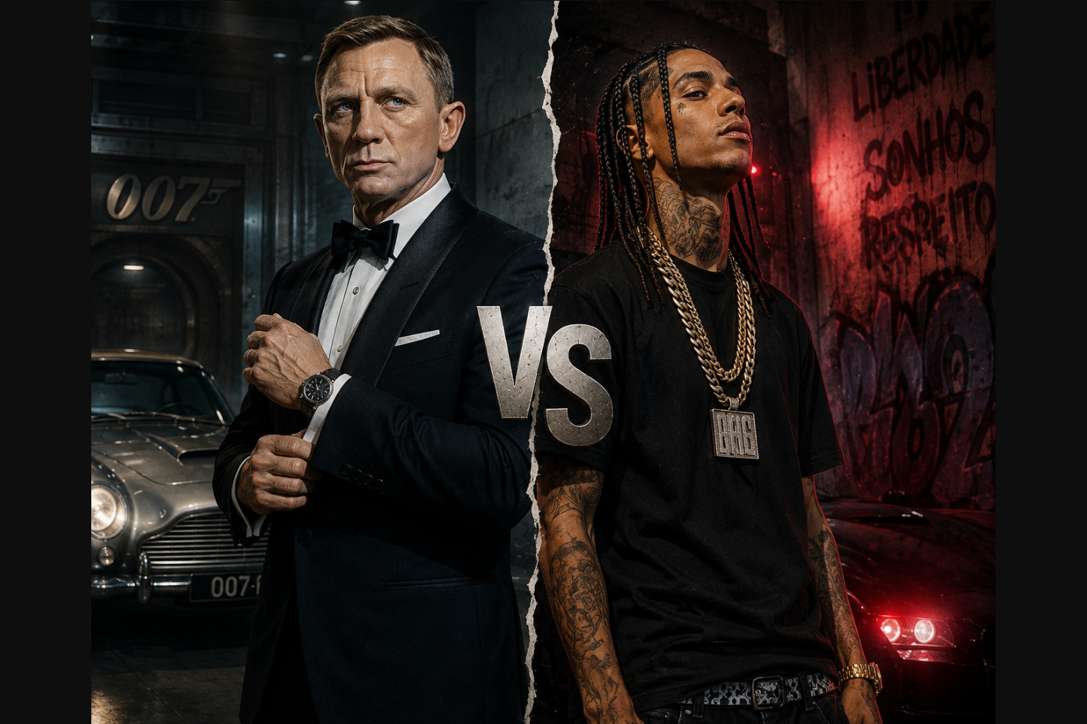 Comparação entre estilo clássico de smoking e estilo urbano moderno com correntes e tatuagens