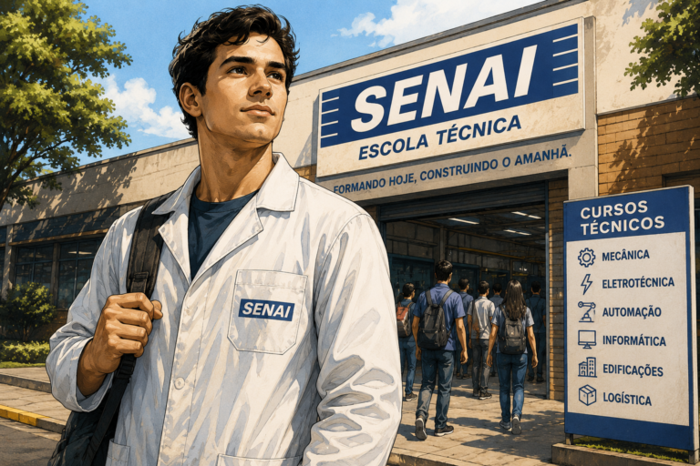 Jovem com jaleco em frente a escola técnica, com placa mostrando cursos de mecânica, eletrotécnica, automação, informática, edificações e logística
