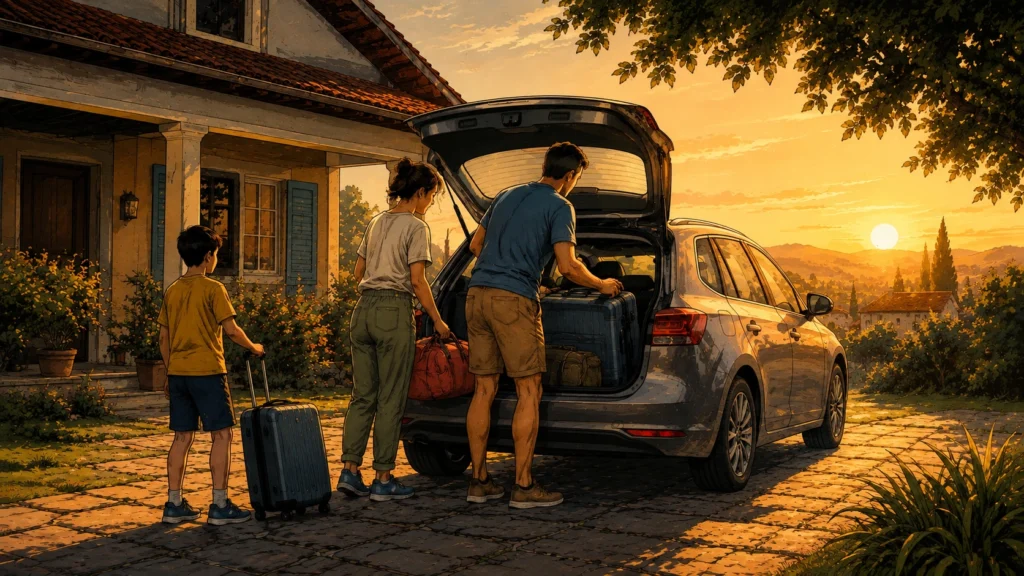 Família carregando malas no porta-malas do carro ao amanhecer, prontos para viagem após checagem preventiva