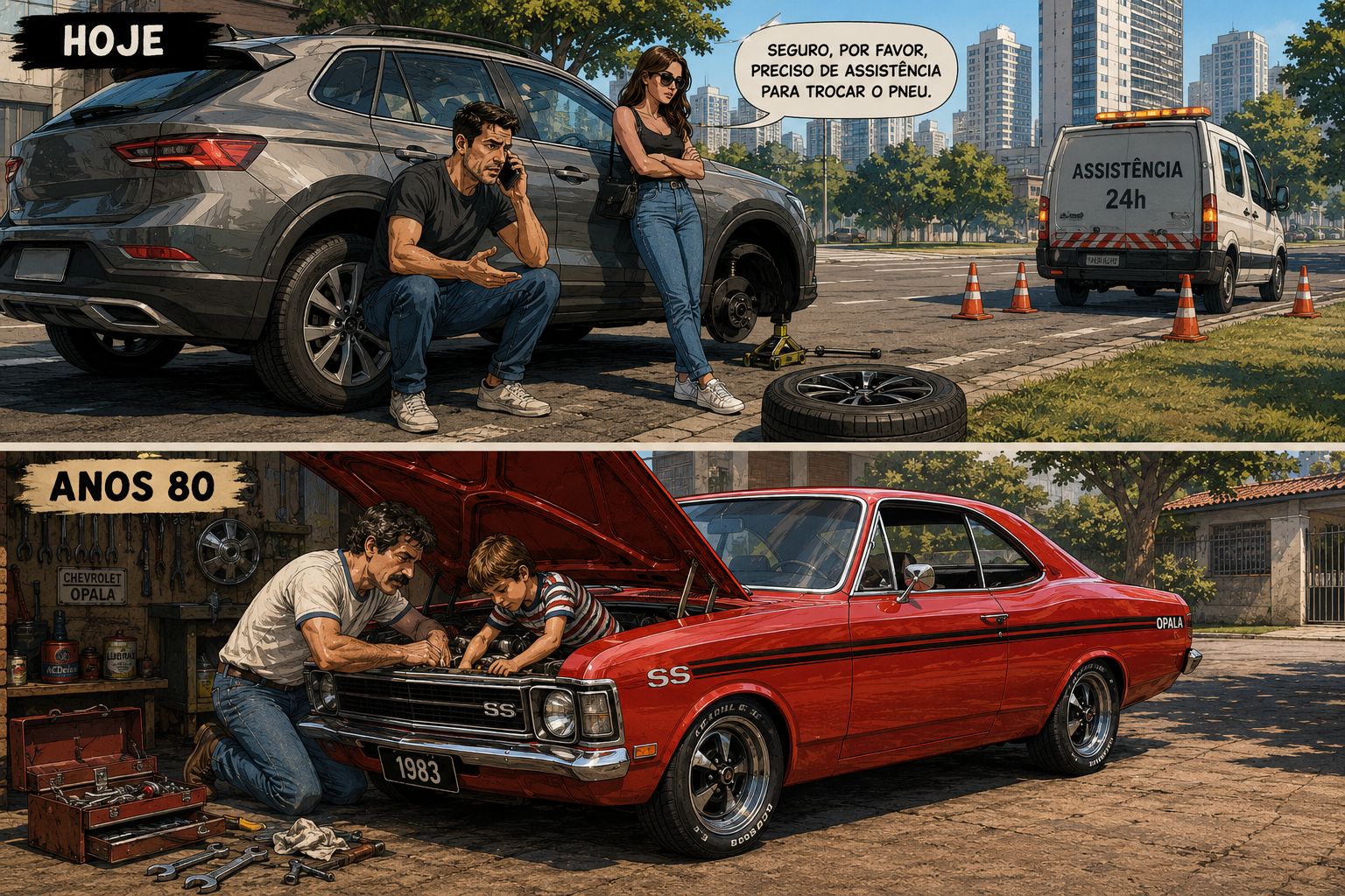 Comparação entre homem chamando assistência técnica hoje e pai ensinando filho a consertar carro Chevrolet Opala nos anos 80