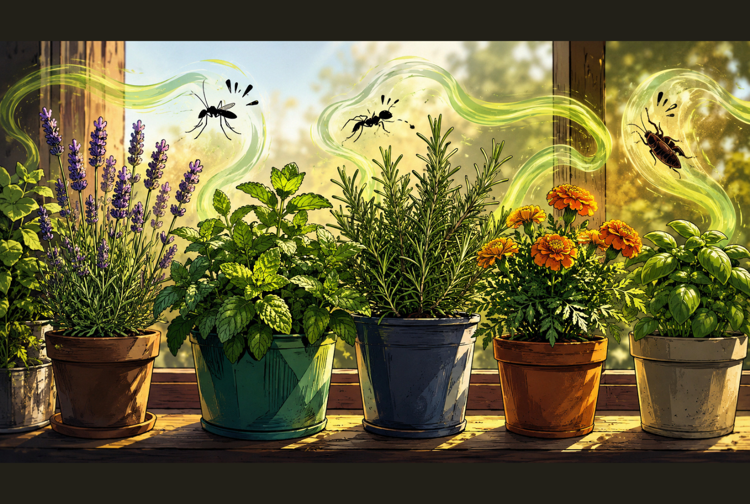 Plantas aromáticas como lavanda, hortelã e alecrim em vasos afastando mosquito, formiga e barata naturalmente