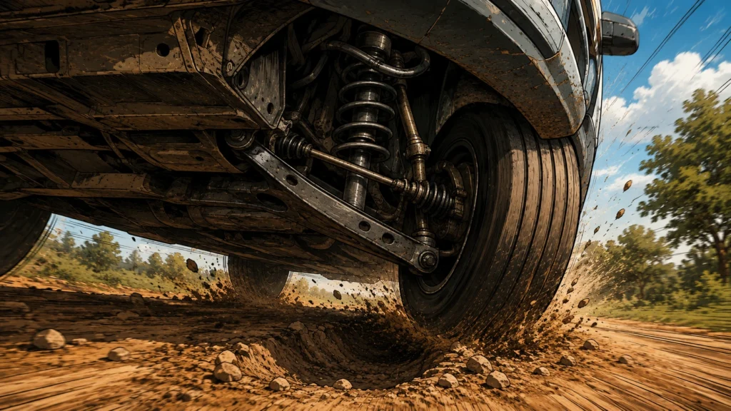 Detalhe da suspensão e roda dianteira do carro em movimento ao passar por buraco na estrada