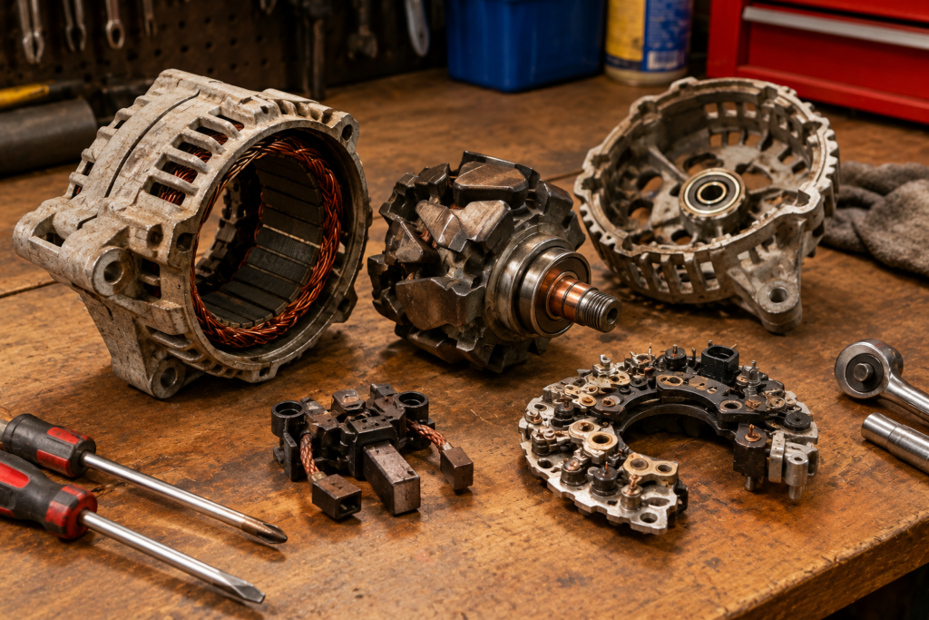 Alternador automotivo desmontado sobre bancada, com rotor, escovas e placa retificadora separados