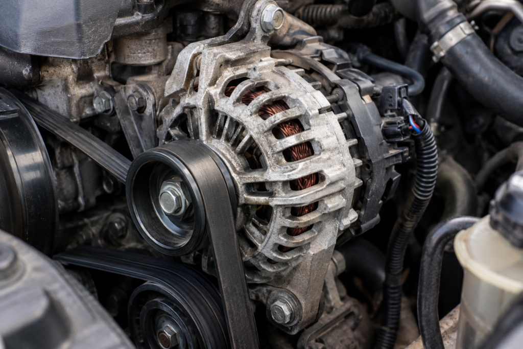 Alternador automotivo montado no compartimento do motor, correia e polia visíveis