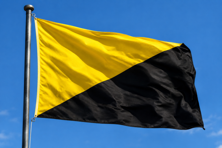 Bandeira preta e dourada do anarcocapitalismo tremulando ao vento contra céu azul