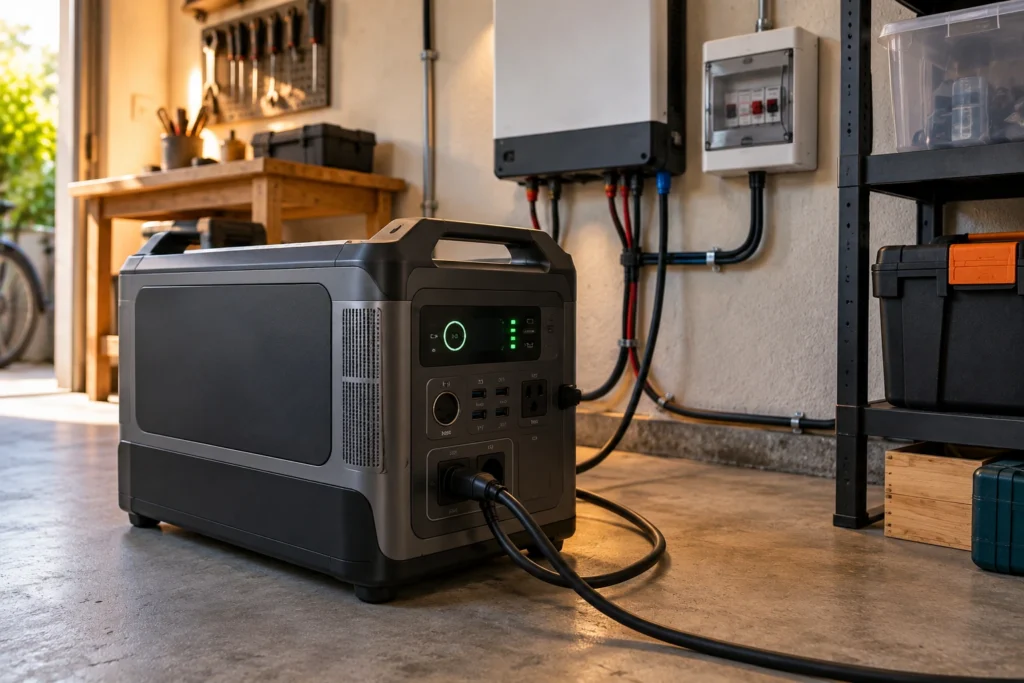 Estação de energia portátil conectada ao inversor solar e ao quadro de disjuntores em garagem residencial, autossuficiência