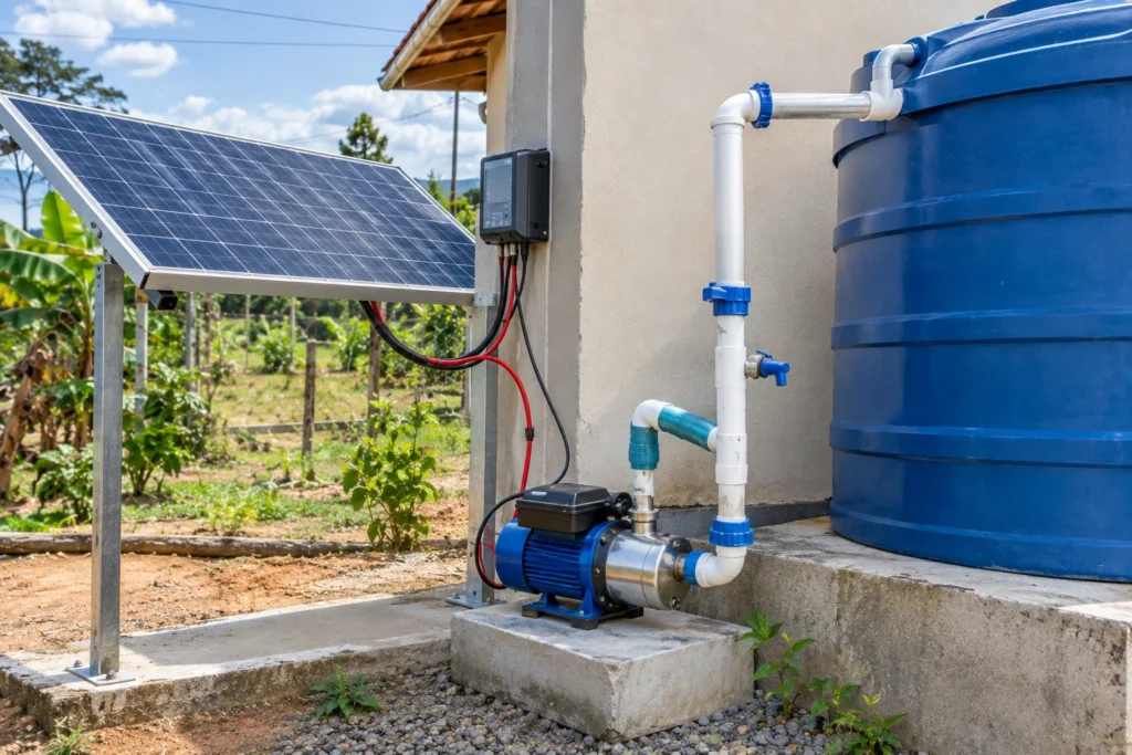 Painel solar conectado a bomba d'água que abastece reservatório azul em propriedade rural