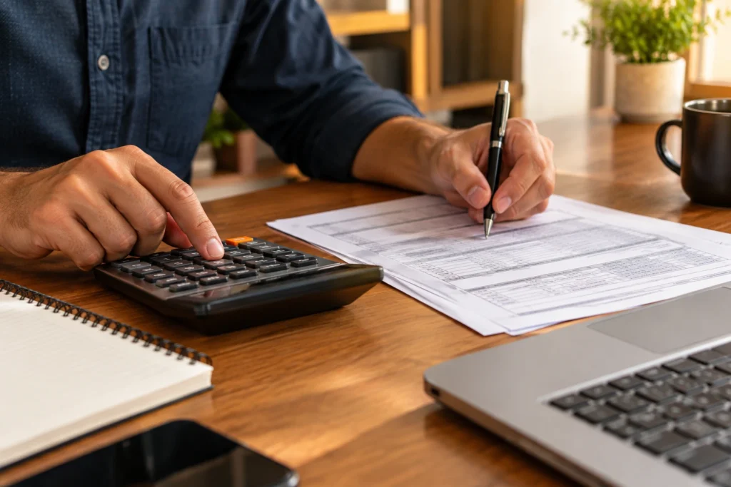 Mãos calculando valores em calculadora sobre documento fiscal, representando o desconto do Imposto de Renda