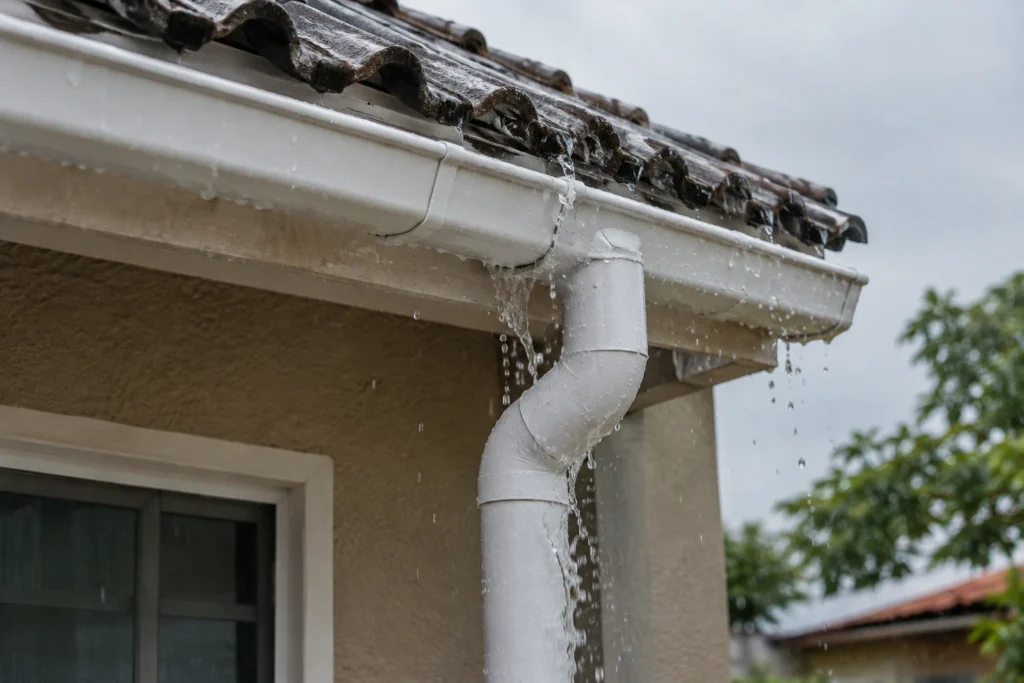 Água da chuva escorrendo por calha e tubo condutor no telhado de uma casa, autossuficiência.