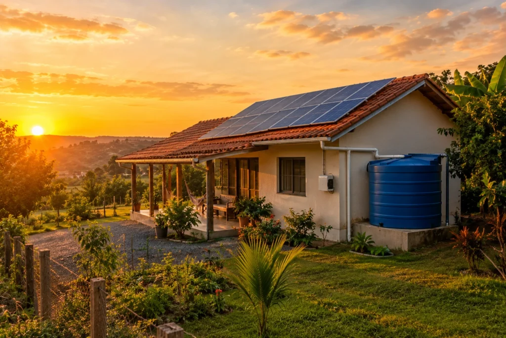 Residência com painéis solares no telhado e reservatório de água da chuva, vista ao pôr do sol