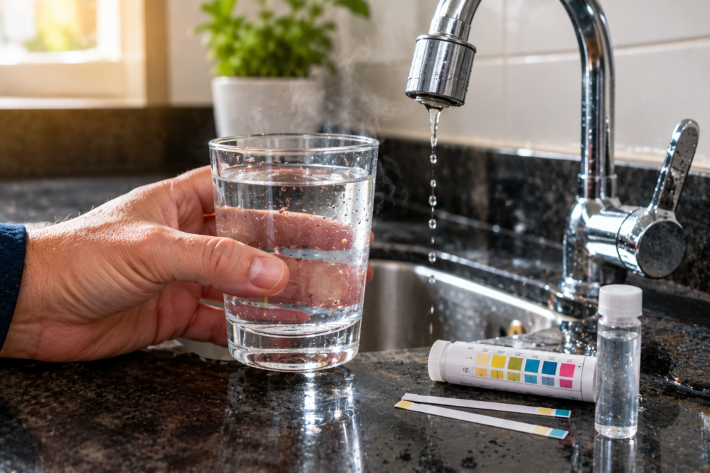 Mão segurando copo de água ao lado de fita de teste de qualidade e tabela comparativa.