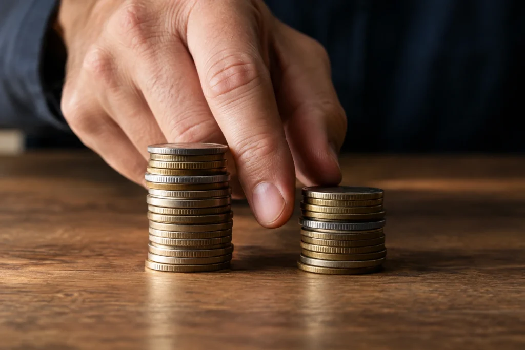 Mão dividindo pilha de moedas em duas partes, representando a divisão entre gasto e reinvestimento