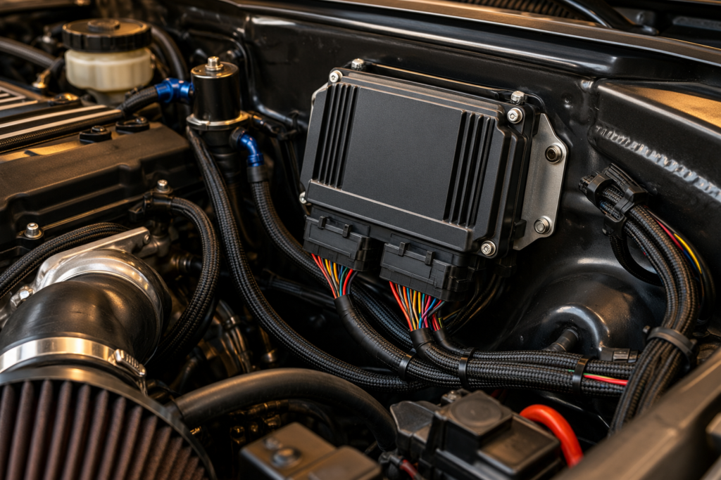 Módulo de injeção eletrônica programável (ECU standalone) instalado no compartimento do motor com chicote organizado
