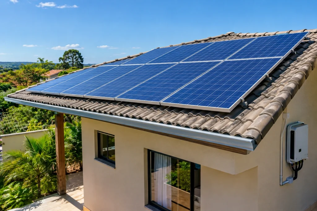 Painéis solares instalados em telhado residencial para autossuficiência energética