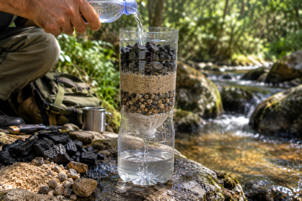 Filtro caseiro em garrafa pet com camadas de carvão, areia e pedras filtrando água na natureza.