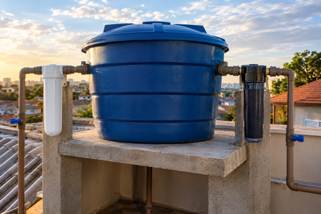 Caixa d'água azul instalada no telhado com dois filtros externos conectando as tubulações.