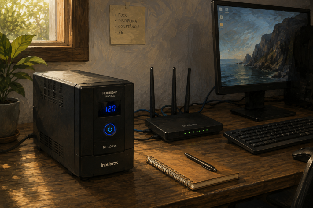 Nobreak senoidal Intelbras conectado a um roteador de internet e um computador de mesa, protegendo os equipamentos contra queda de energia