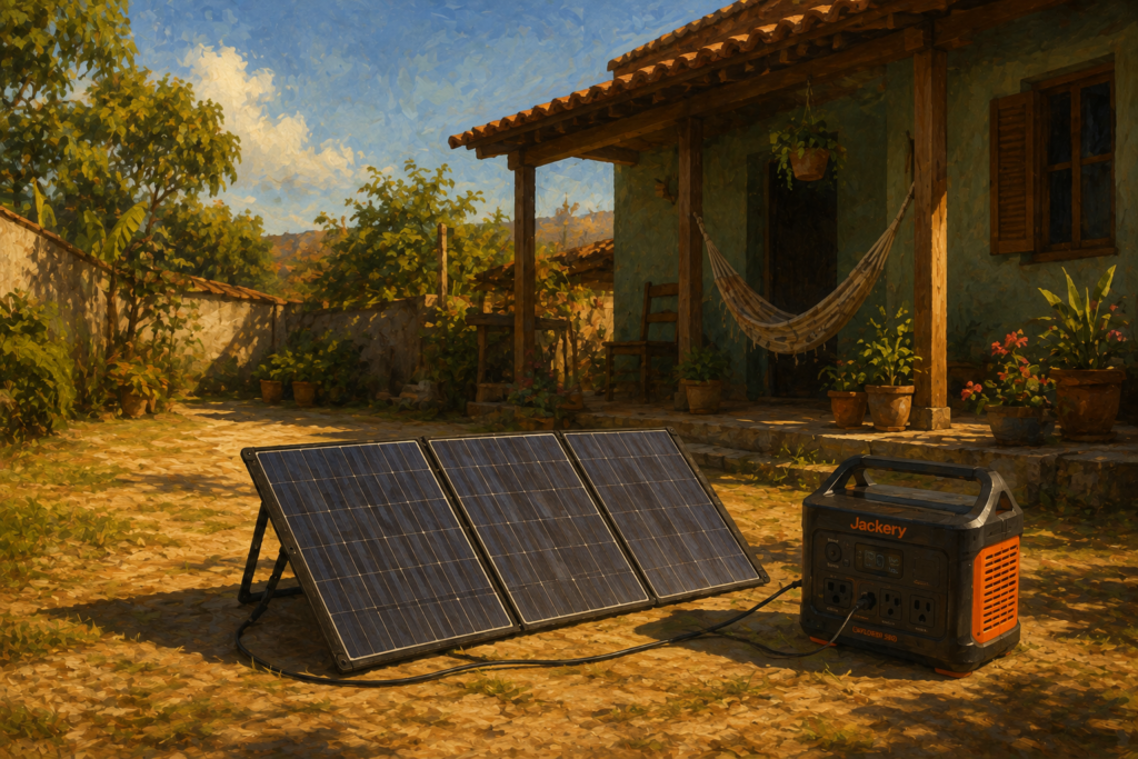 Painel solar dobrável recarregando uma estação de energia portátil no quintal de uma casa rural brasileira, sob sol forte de tarde