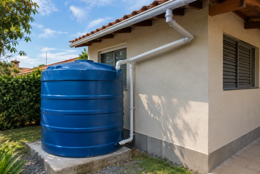 Cisterna azul de água da chuva conectada à calha de telhado residencial