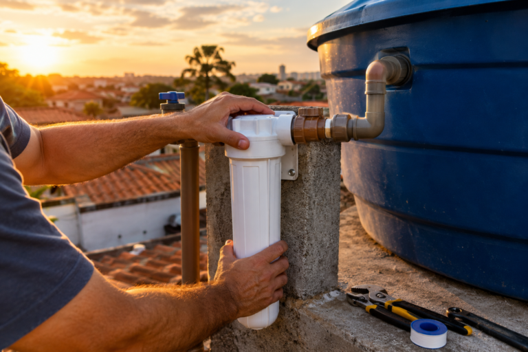 Técnico instalando um filtro de entrada acoplado ao cano de uma caixa d'água no telhado, água limpa.