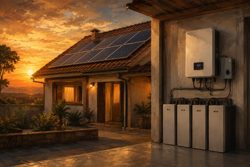 Casa com painéis solares fixos no telhado ao entardecer e banco de baterias domésticas com inversor híbrido instalado na garagem