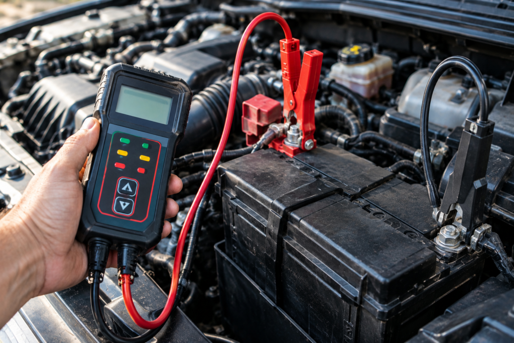 Testador de carga de bateria conectado aos terminais de bateria automotiva no compartimento do motor