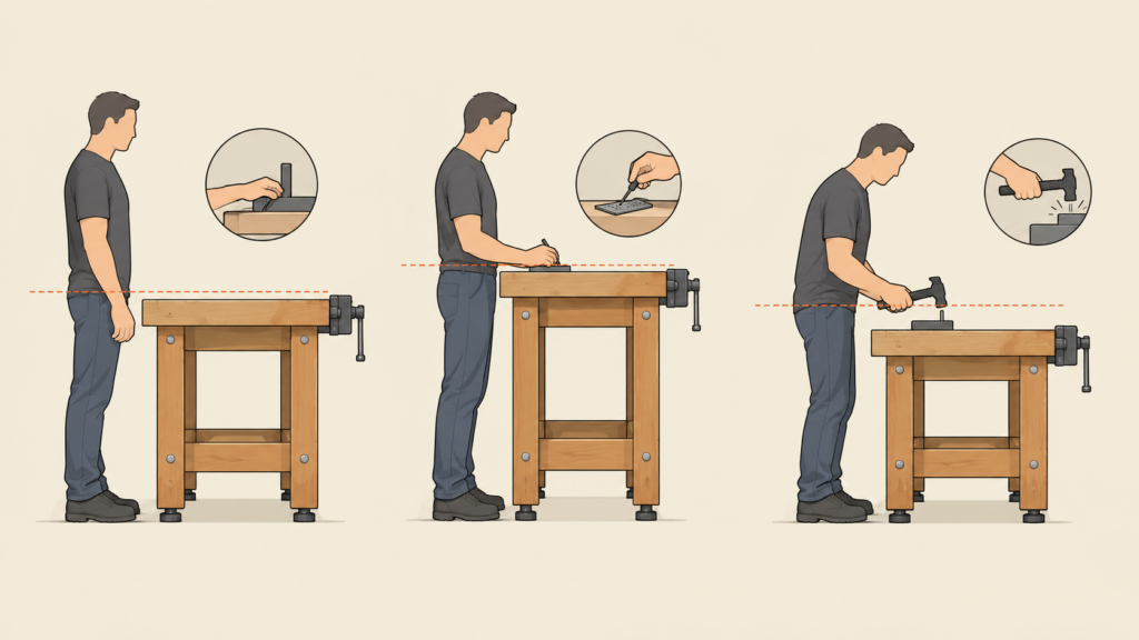 Ilustração de um homem ao lado de três bancadas de alturas diferentes, com linha tracejada na altura do punho