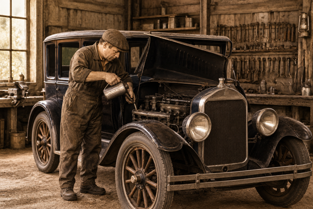 Mecânico abastecendo de óleo o motor de um automóvel antigo em uma garagem dos anos 1910