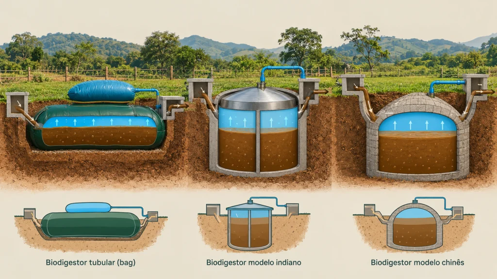 Comparação em corte dos biodigestores tubular, indiano e chinês, com entrada, saída e ponto de coleta do gás