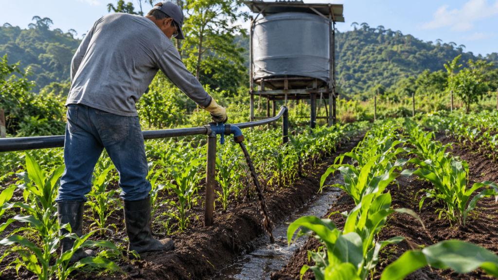 Produtor com EPI aplicando biofertilizante por fertirrigação em sulcos de milho jovem, com tanque coberto ao fundo