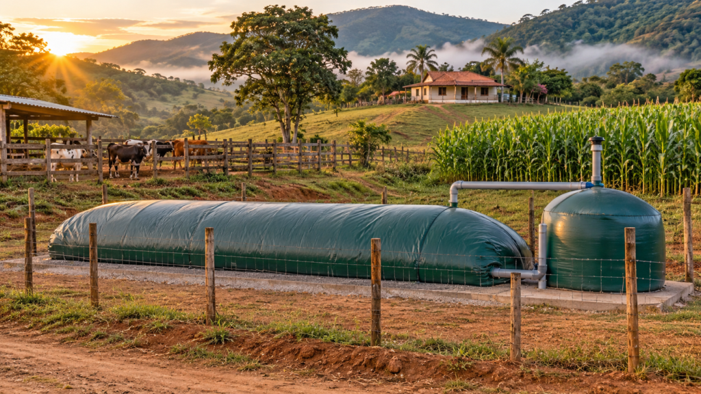 Pequena propriedade rural com biodigestor tubular e gasômetro dentro de área cercada, com a casa ao fundo