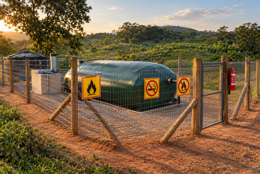 Cerca da planta de biogás com placas de aviso de gás inflamável, proibido fogo e extintor na entrada