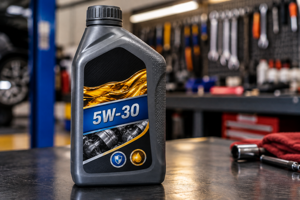Frasco de óleo de motor genérico com rótulo destacando o grau de viscosidade SAE 5W-30