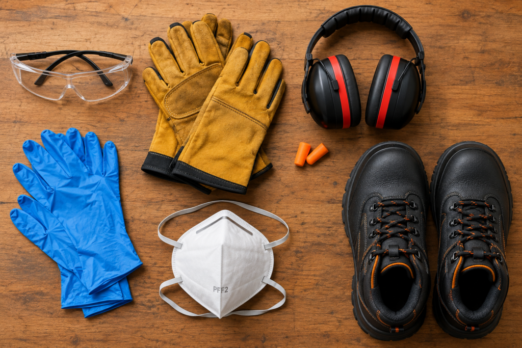 Óculos de proteção, luvas de vaqueta e de nitrila, protetores auriculares, máscara PFF2 e botas de segurança sobre madeira