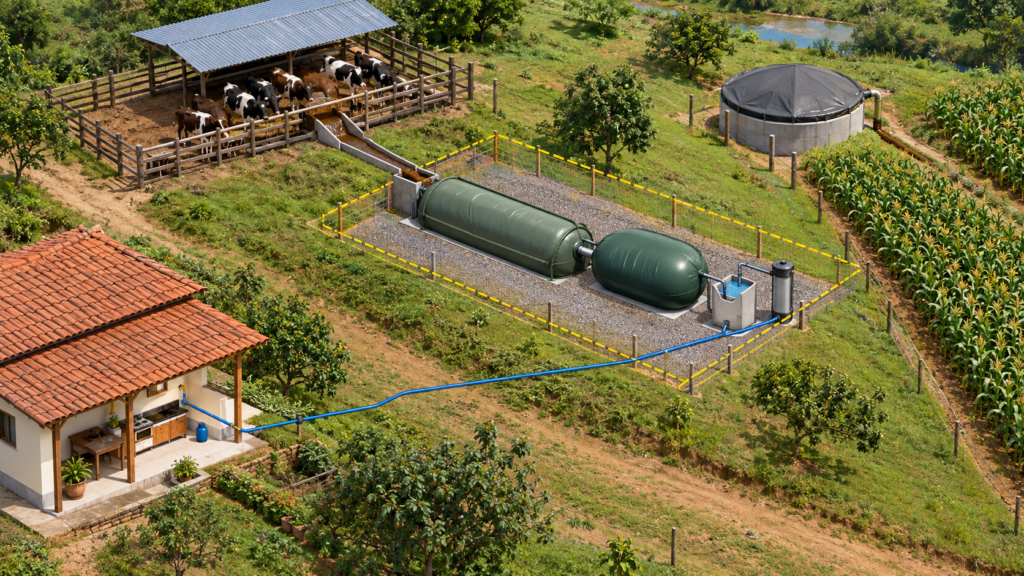 Vista aérea de uma propriedade com a planta de biogás cercada e afastada da casa, ligada por uma linha de gás