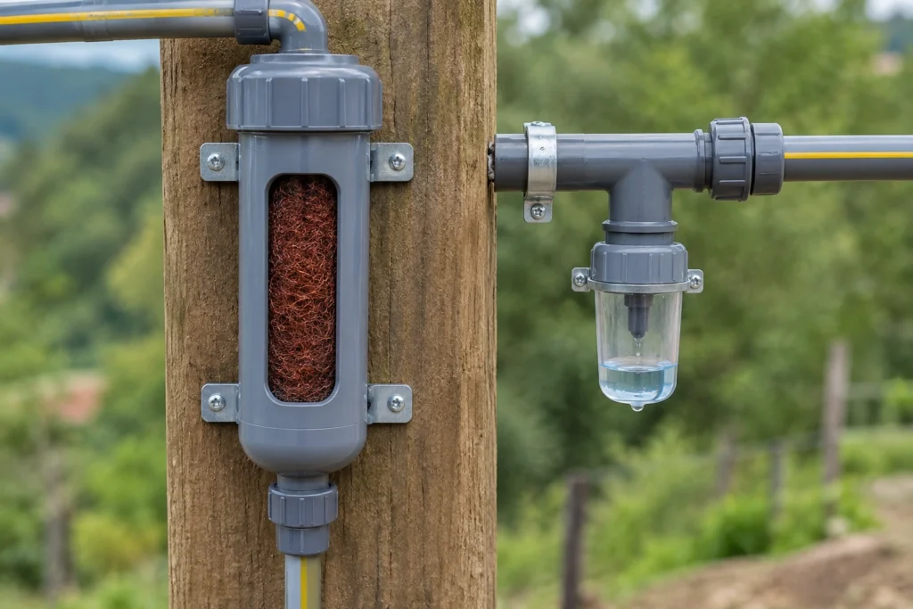 Filtro de H2S com palha de aço enferrujada e purgador de condensado instalados na linha de biogás