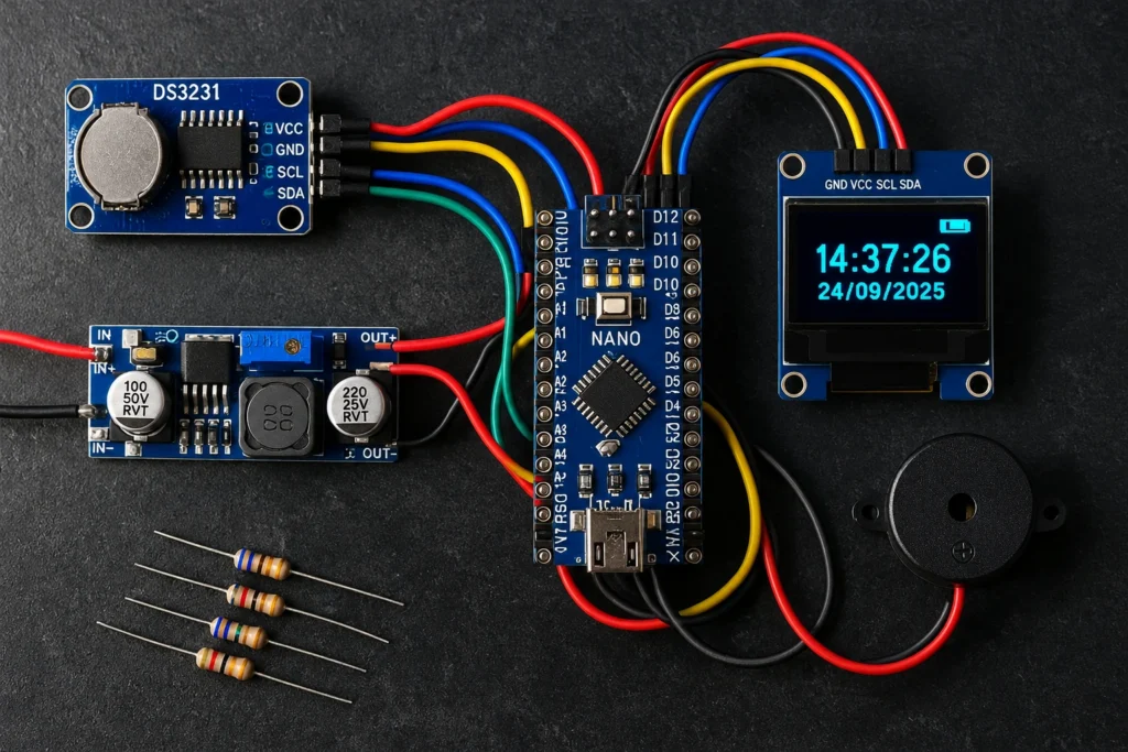 Componentes do horímetro automotivo: Arduino Nano, RTC DS3231, display OLED, buzzer e regulador LM2596