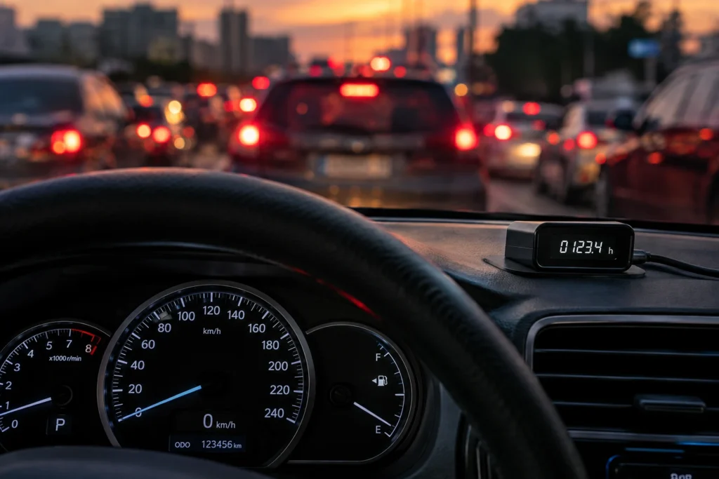 Painel de carro parado no trânsito com velocímetro em 0 km/h, odômetro em 123456 km e horímetro em 123,4 h