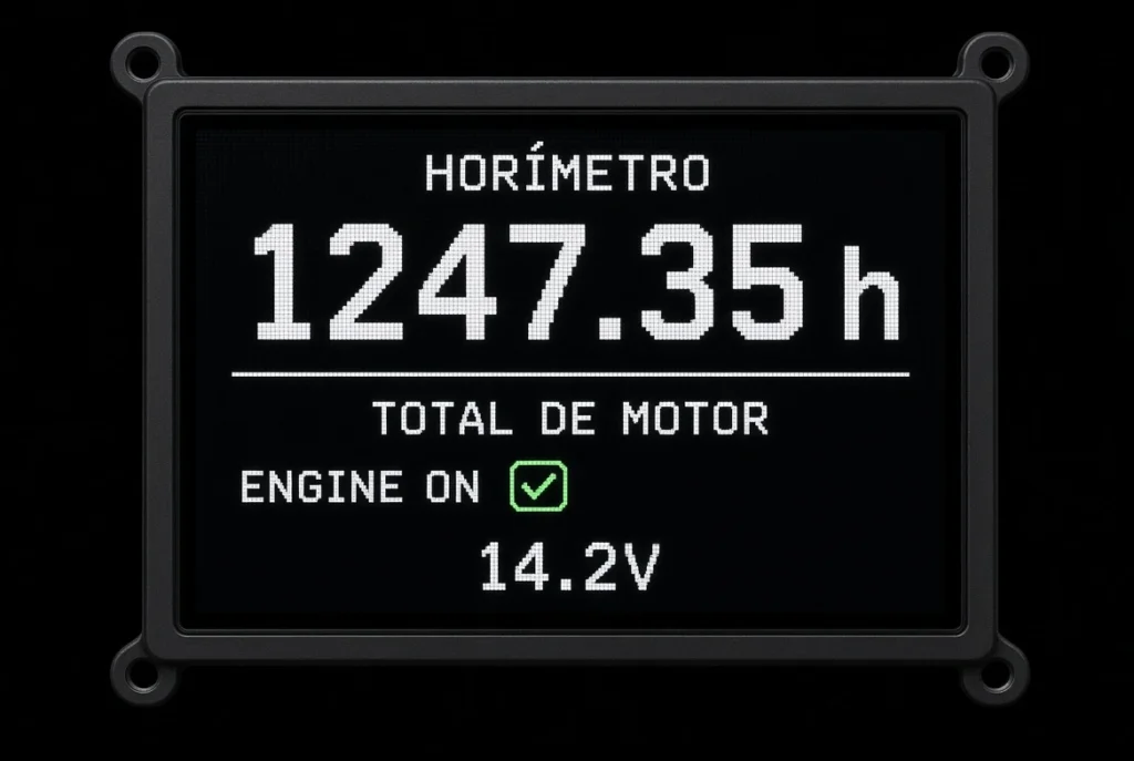 Tela do horímetro automotivo mostrando 1247,35 horas de motor, indicador de motor ligado e tensão da bateria de 14,2 V