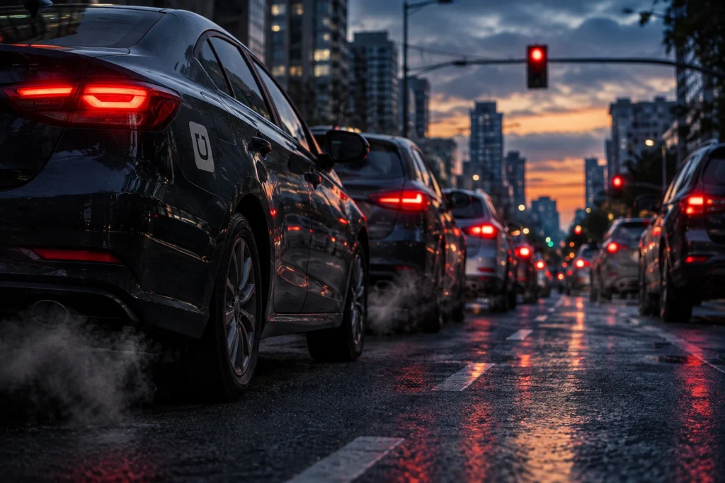 Fila de carros em semáforo ao entardecer com motores ligados e fumaça no escapamento de um carro de aplicativo