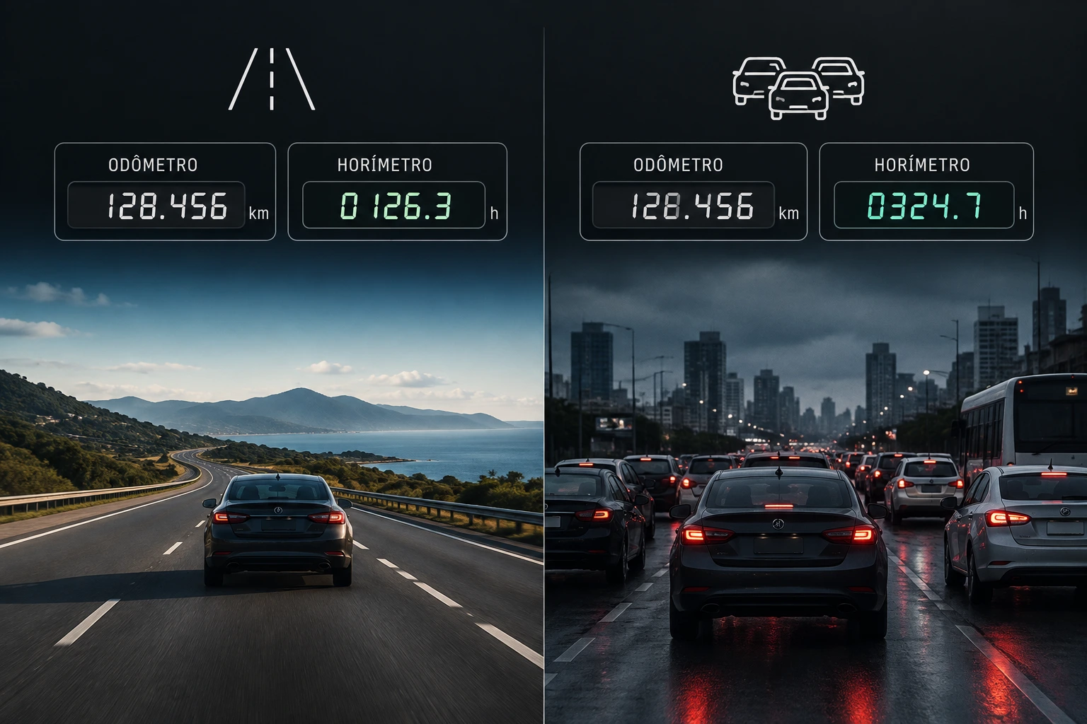 Comparativo entre odômetro e horímetro: mesmo 128.456 km, 126,3 h em estrada e 324,7 h em trânsito urbano