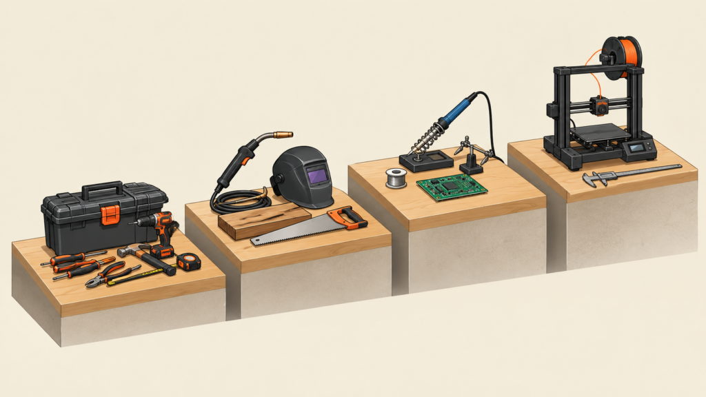 Ilustração de quatro degraus crescentes: ferramentas básicas, solda e marcenaria, eletrônica e impressora 3D com paquímetro