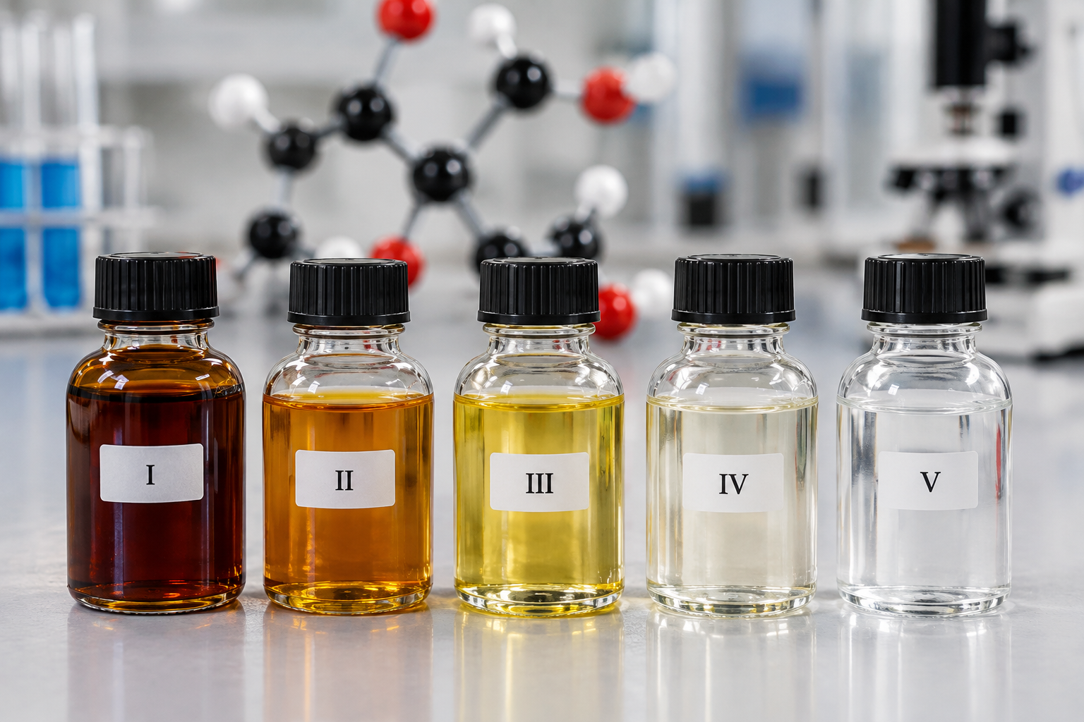óleo lubrificante Cinco frascos de laboratório numerados de I a V com amostras de óleos básicos de cores diferentes •