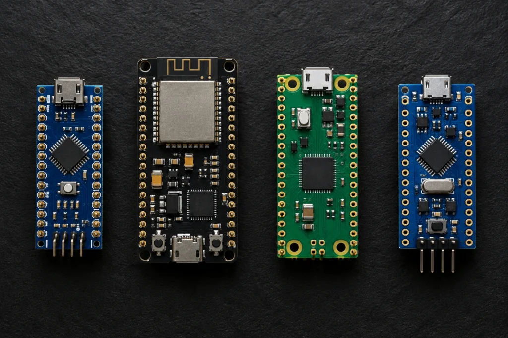 Placas de microcontrolador lado a lado: estilo Arduino Nano, ESP32, Raspberry Pi Pico e STM32 (ilustração)