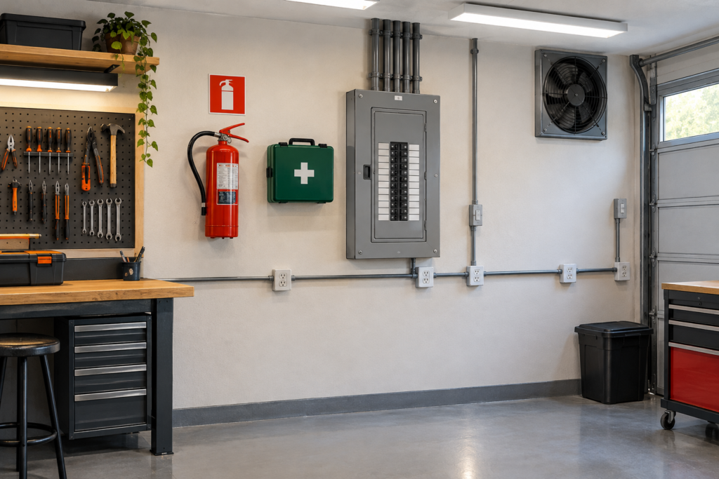 Parede de oficina com extintor, kit de primeiros socorros, quadro elétrico, tomadas em eletroduto e exaustor